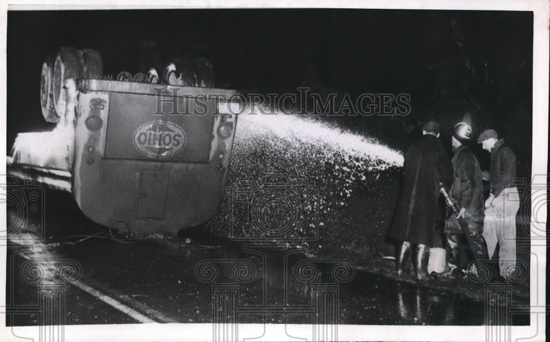 Load image into Gallery viewer, 1950 Press Photo Philadelphia PA Fuel Truck Overturns-Firemen pour chemical foam
