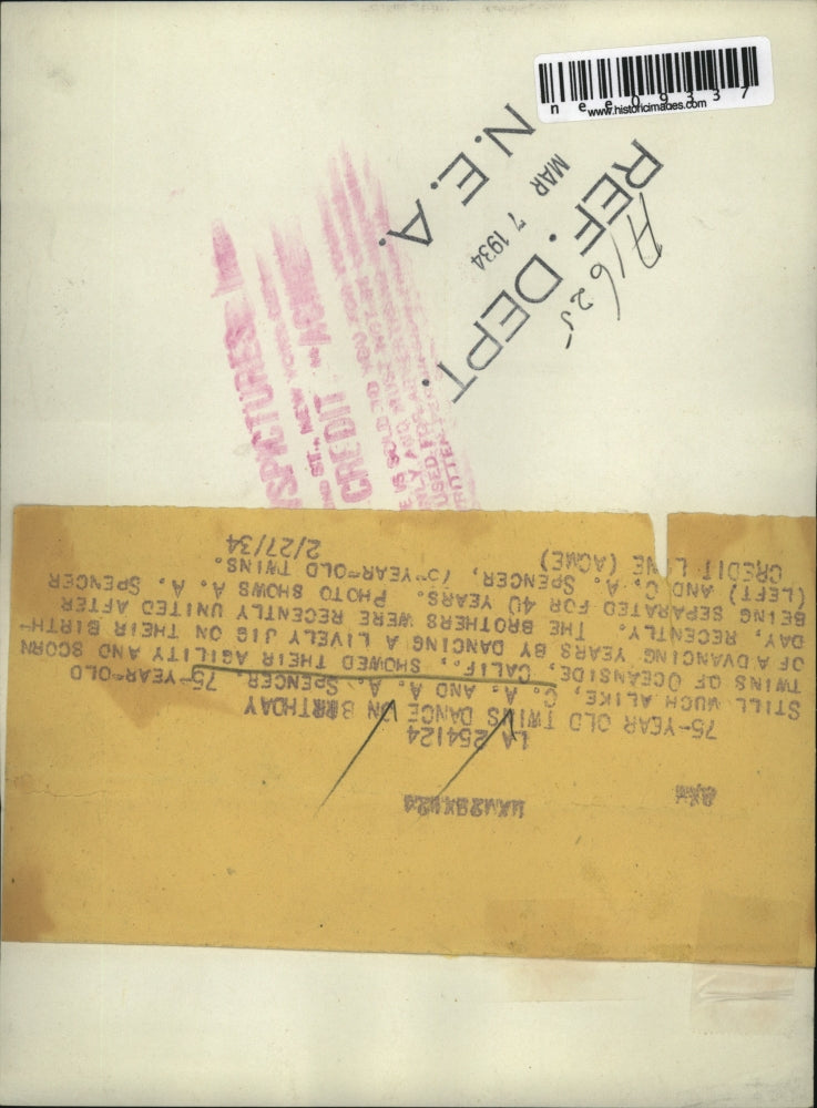 1934 Press Photo 75 Year Old Twins C.A. and A.A Spencer - nee09337