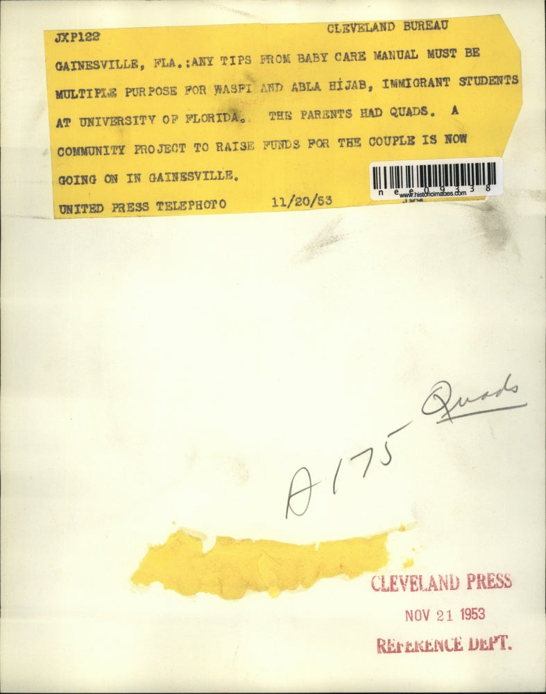 1953 Press Photo Waspi and Abla Hijab parents of Quads - nee09338