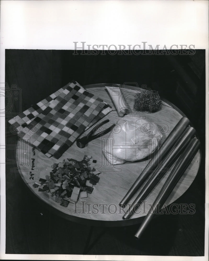 Load image into Gallery viewer, 1956 Press Photo Materials in making a mosaic table spread on a plywood top
