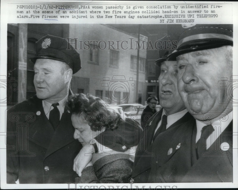 Load image into Gallery viewer, 1962 Press Photo Firemen Console Woman After Fire Truck Crash, Pittsburgh
