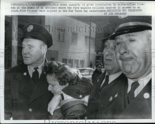 1962 Press Photo Firemen Console Woman After Fire Truck Crash, Pittsburgh
