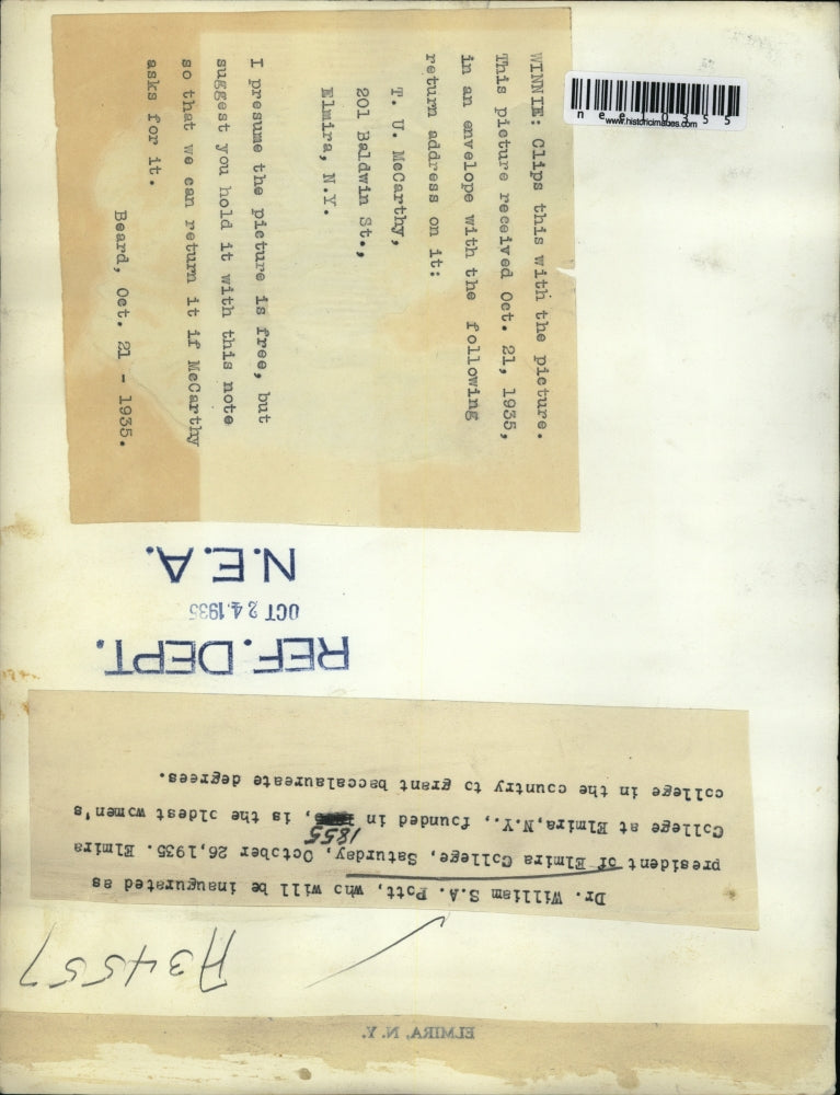 1935 Press Photo Dr.William S.A Pott as the new president of Elmira College