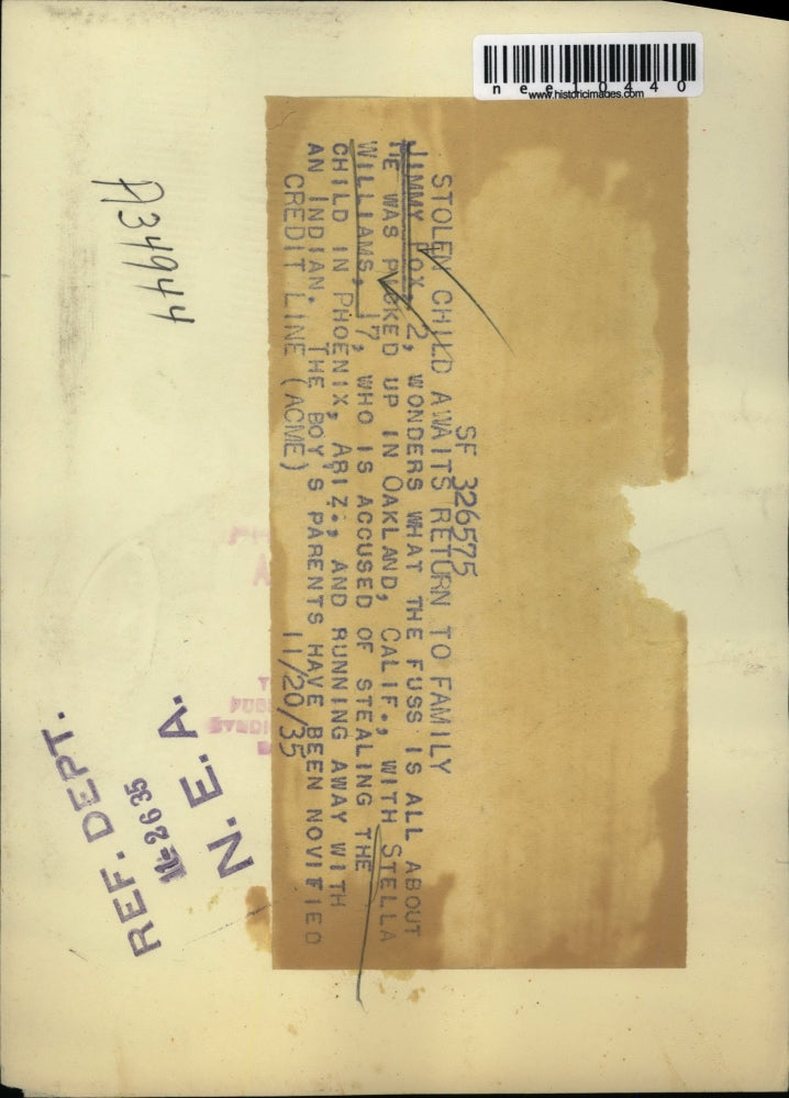 1935 Press Photo Jimmy Pox, stolen by Stella Williams in Phoenix, Arizona