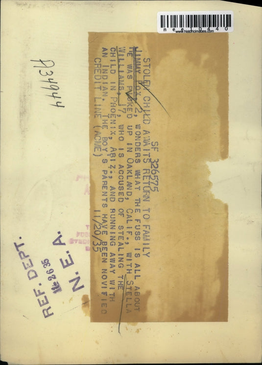 1935 Press Photo Jimmy Pox, stolen by Stella Williams in Phoenix, Arizona