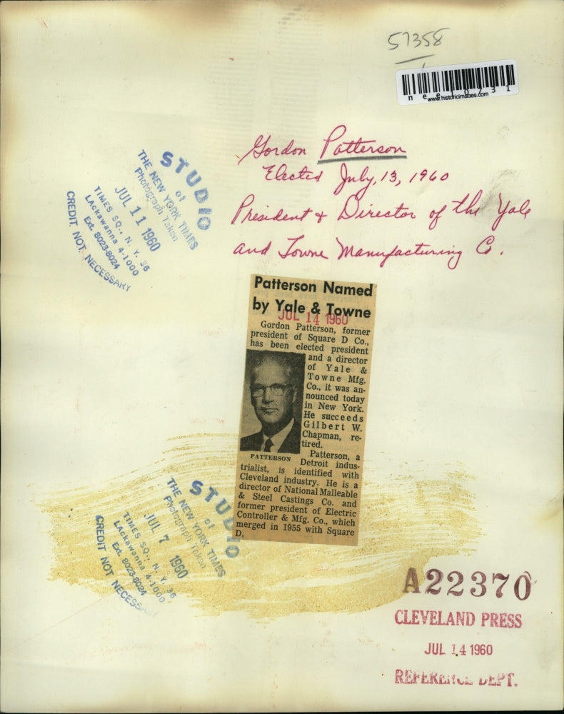 1960 Press Photo Gordon Patterson, President of Yale and Towne Manufacturing