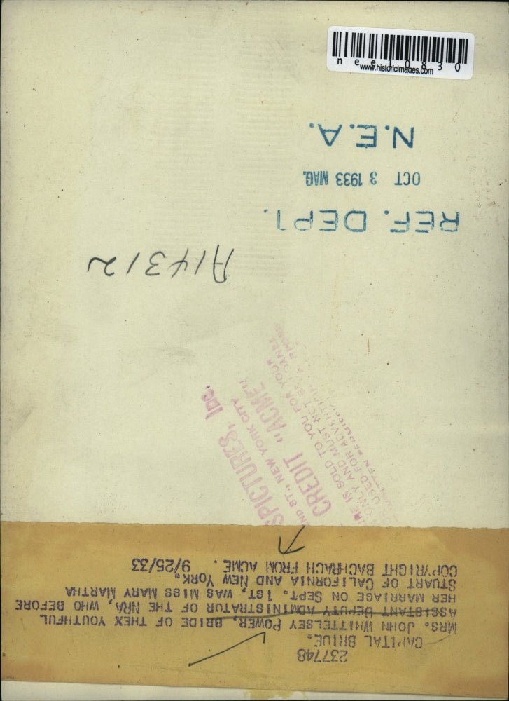 1933 Press Photo Mrs John Whittelsey Power Bride of Asst Deputy Admin of NRA