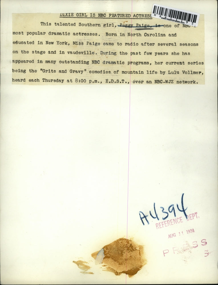 1934 Press Photo Peggy Paige dramatic Actress - nee11195