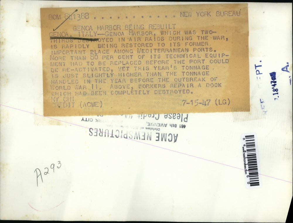 1947 Press Photo Genoa Harbor 2/3 destroyed by Air Raids - nee11260