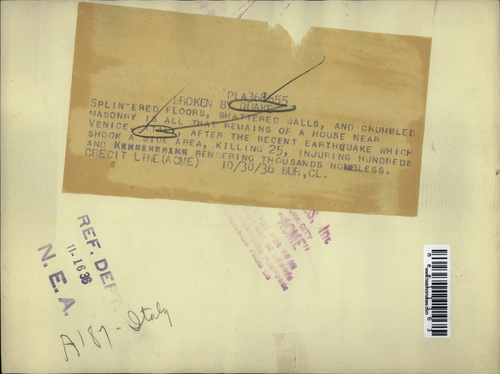 1936 Press Photo Broken structure, Venice, Italy after an earthquake - nee11363