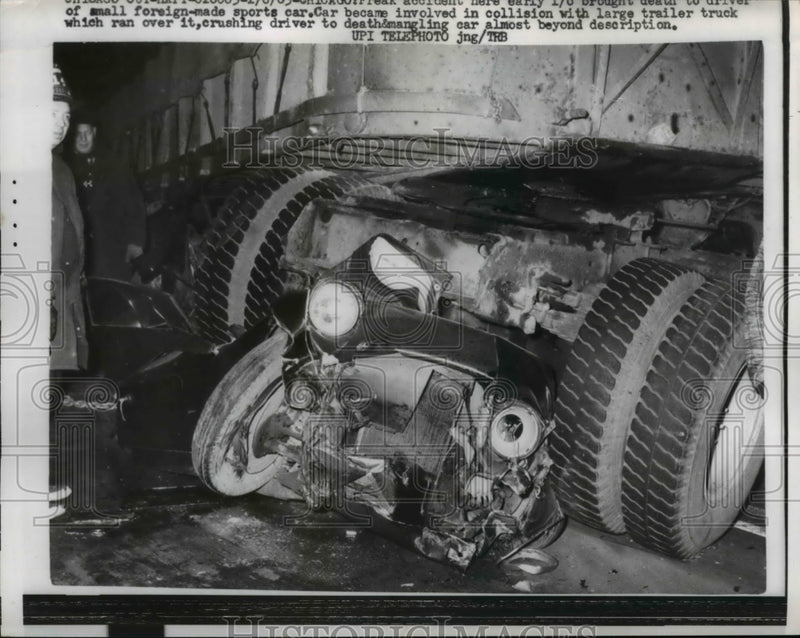 Load image into Gallery viewer, 1963 Press Photo Sports car crushed in collision with a truck
