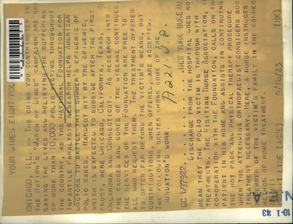 1943 Press Photo National Foundation for Infantile Paralysis Treating Child