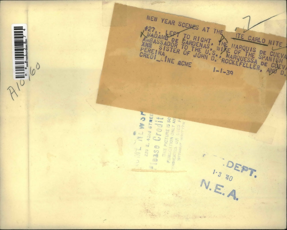 1939 Press Photo Marquis de Cueval, Madame de Cardenas New Years, Monte Carlo