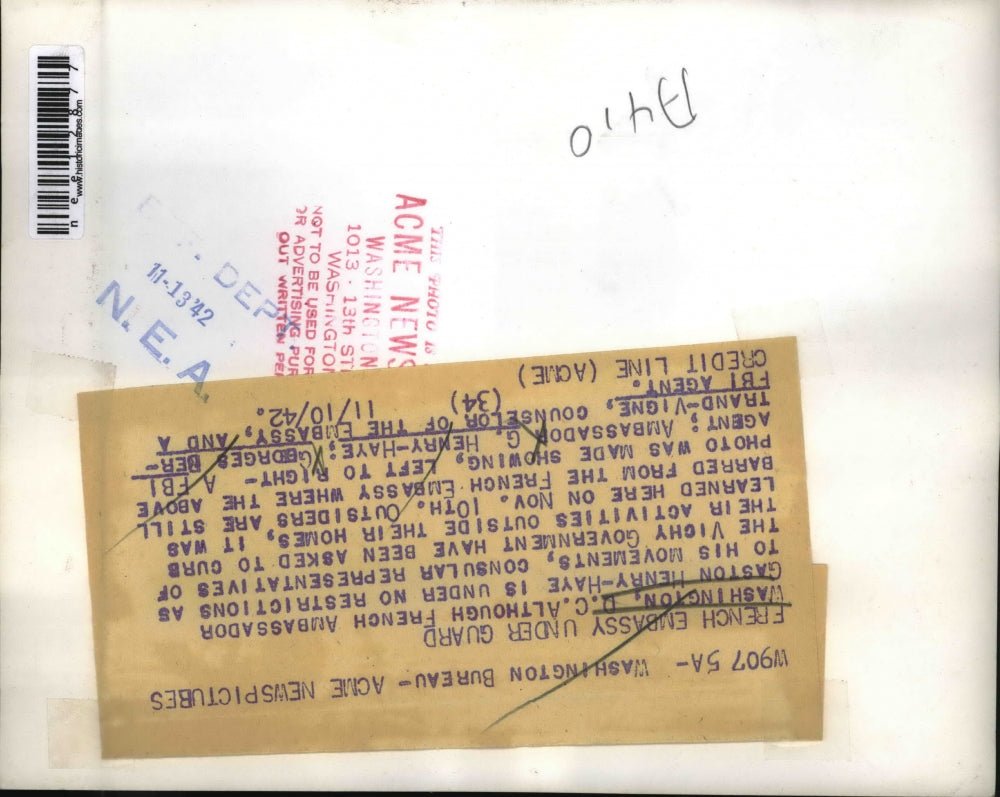 1942 Press Photo French Embassy under guard G Henry Haye, Gedrges Bertrand-Vigne