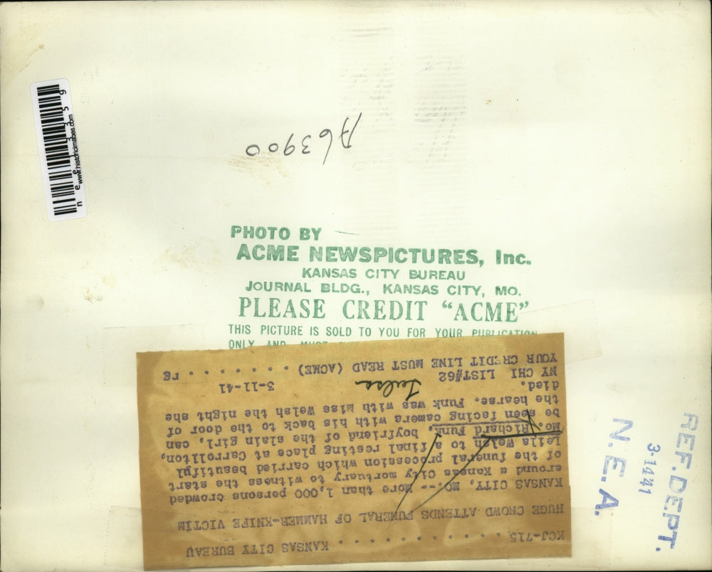 1941 Press Photo Kansas City Mo Funeral of Leila Walsh slain girl, boyfriend R F