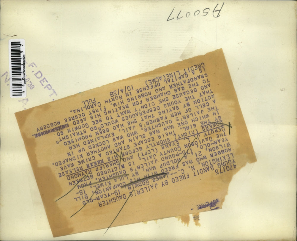 1938 Press Photo Robber James Godwin freed by his companion Bill Wilson