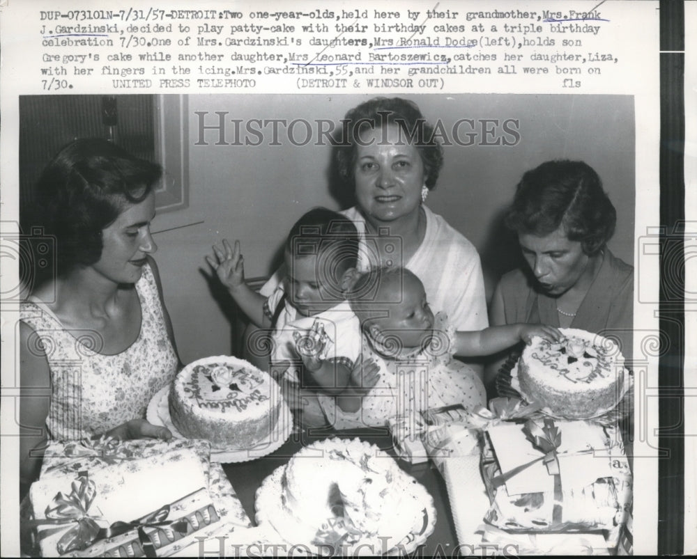 1957 Press Photo Triple Birthday Party for 2 Babies, Grandmother Gardzinski