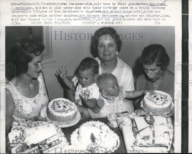 Load image into Gallery viewer, 1957 Press Photo Triple Birthday Party for 2 Babies, Grandmother Gardzinski
