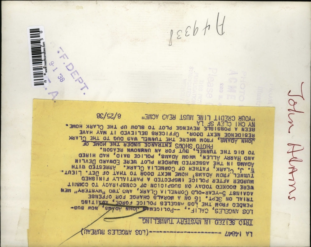 1938 Press Photo John Adams Arrested on Morals Charge For Offense Against 5 Year