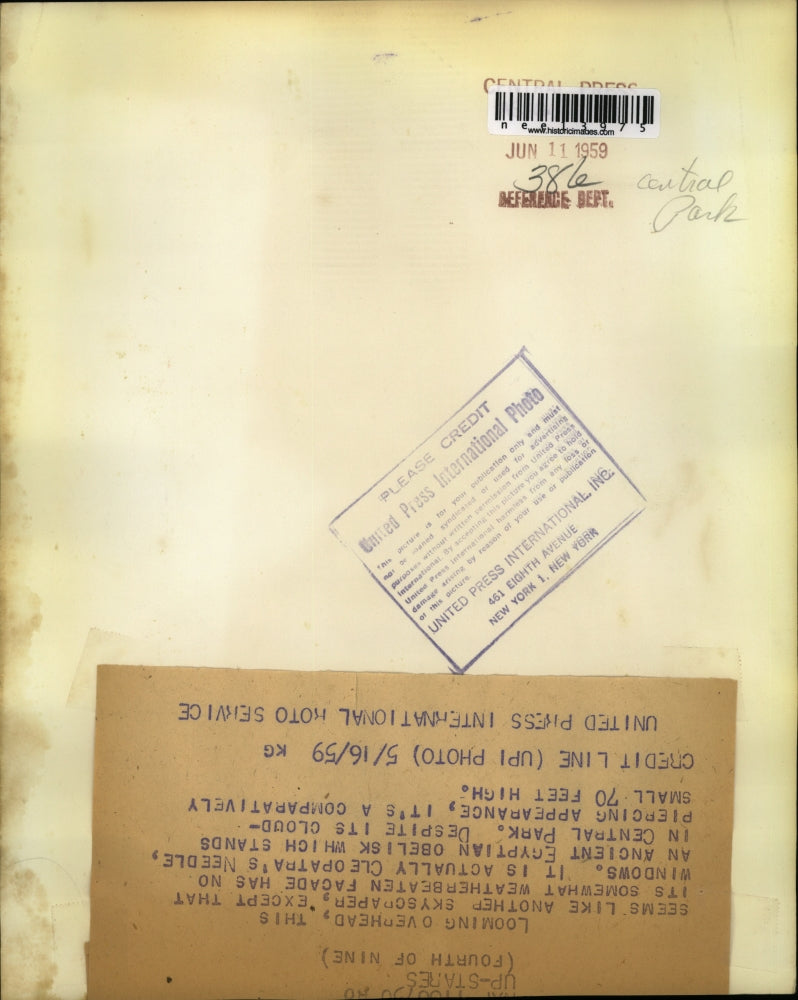 1959 Press Photo Cleopatra's Needle, an Ancient Egytian Obelisk in Central Park