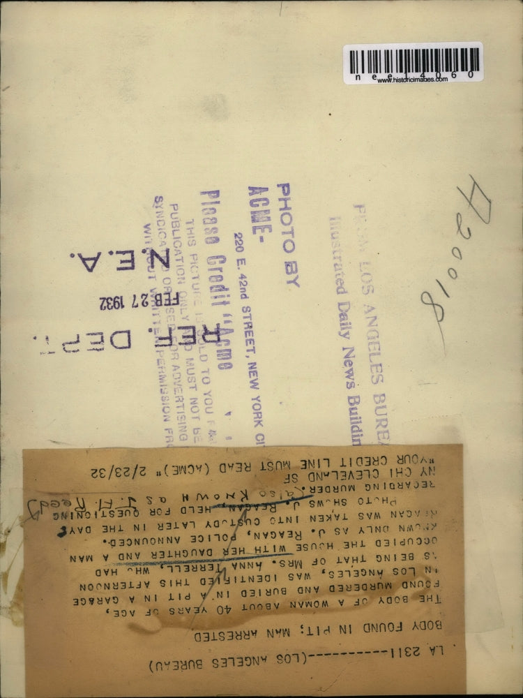 1932 Press Photo J Reagan held for murder of Mrs A Terrell in LA Calif