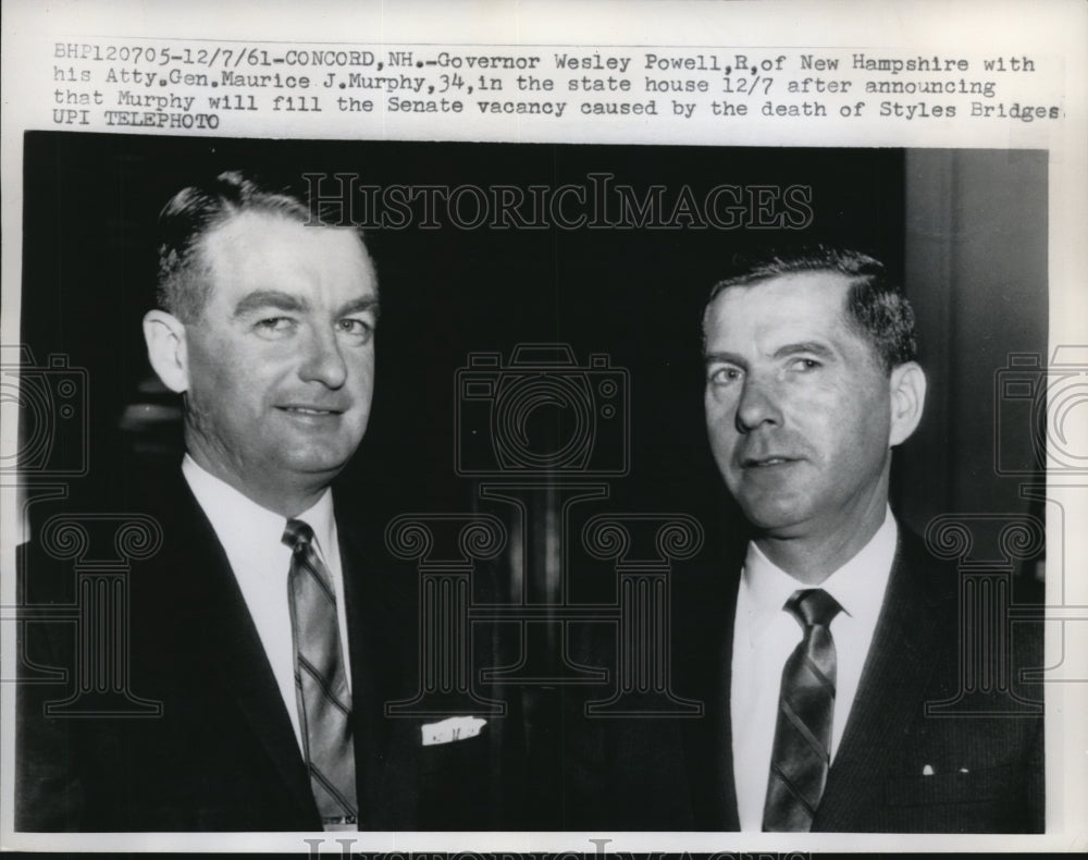 1961 Press Photo governor wesley powell of new hampshire with Maurice J. Murphy