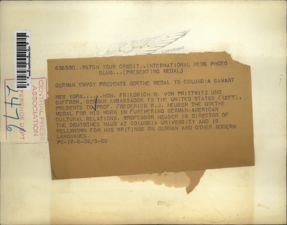 1932 Press Photo Hon. Von Prittwitz Und Gaffron & Prof. Frederick Heuser