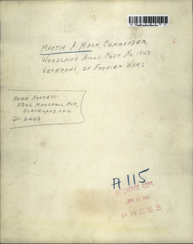 1934 Press Photo Martin A. Mack, Commander Foreign War Veterans, Woodland Hills