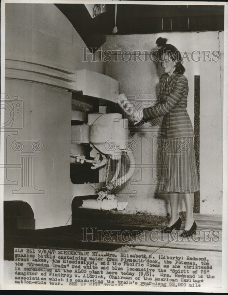 1947 Press Photo Schnectady NY Mrs Elizabeth Redmond christens Spirit of 76