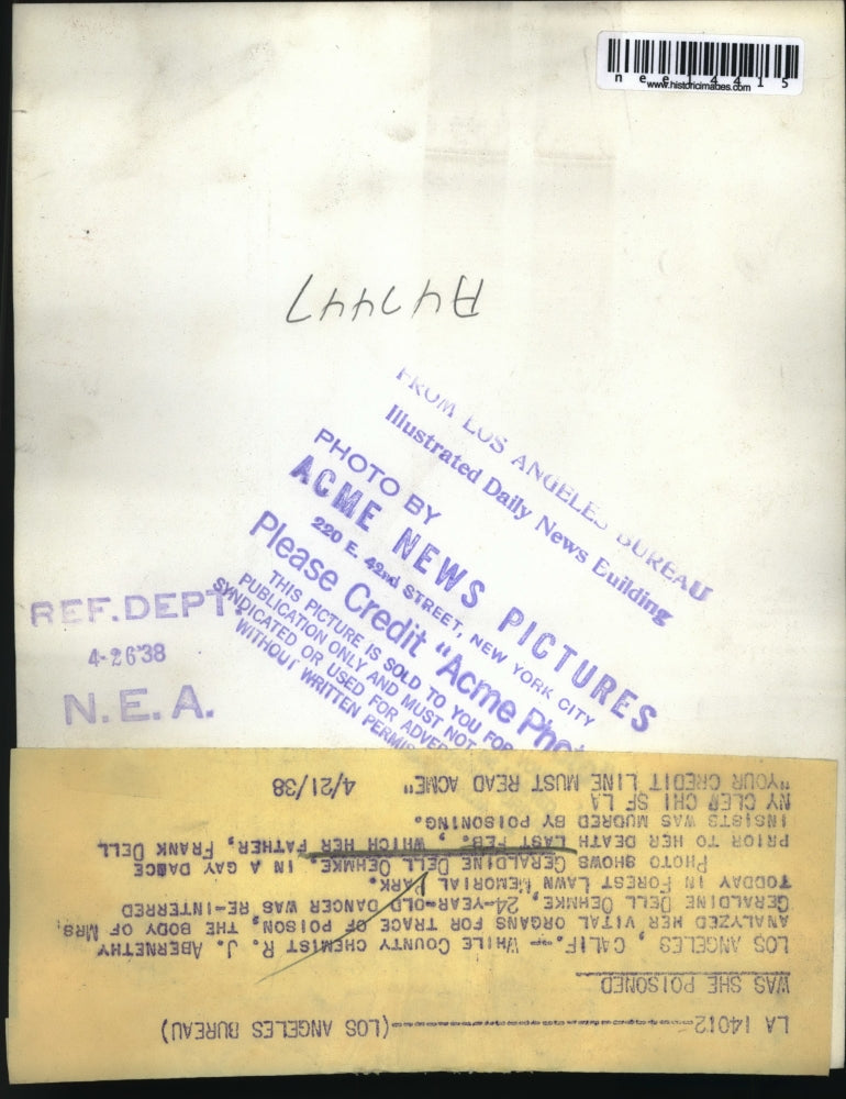 1938 Press Photo La Calif Geraldine Dell Oehmke before being murdered