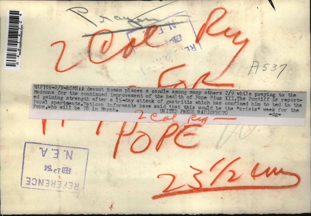 1954 Press Photo Woman Places Candle for Health of Pope Pius XII, Rome