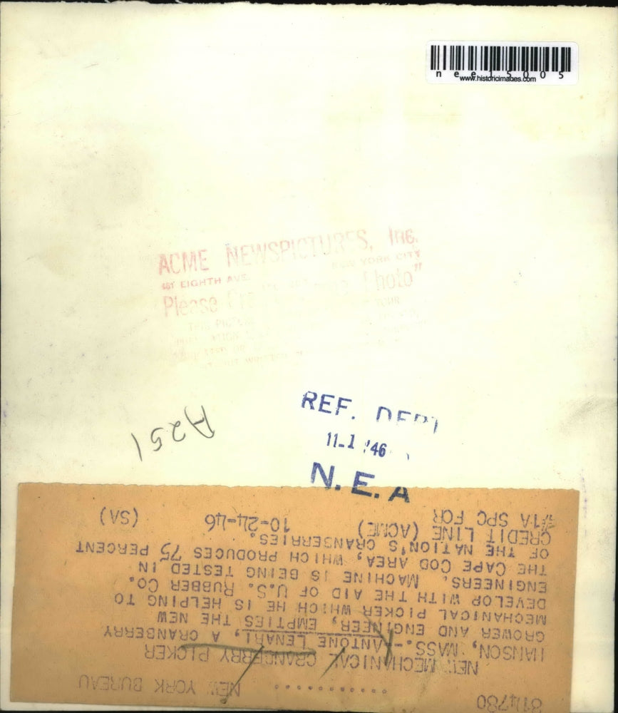 1946 Press Photo Hanson Mass Antone Lenari & mechanical cranberry picker