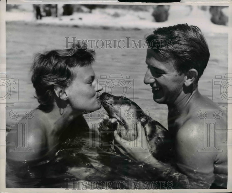 Load image into Gallery viewer, 1953 Press Photo Seal "Theobaldus" Kisses Lytte Hansen - nee15236
