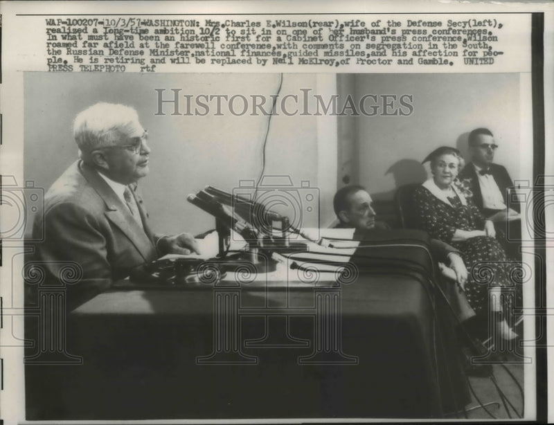 Load image into Gallery viewer, 1957 Press Photo Wash DC Defense Secy Charles Wilson &amp; wife at press conference
