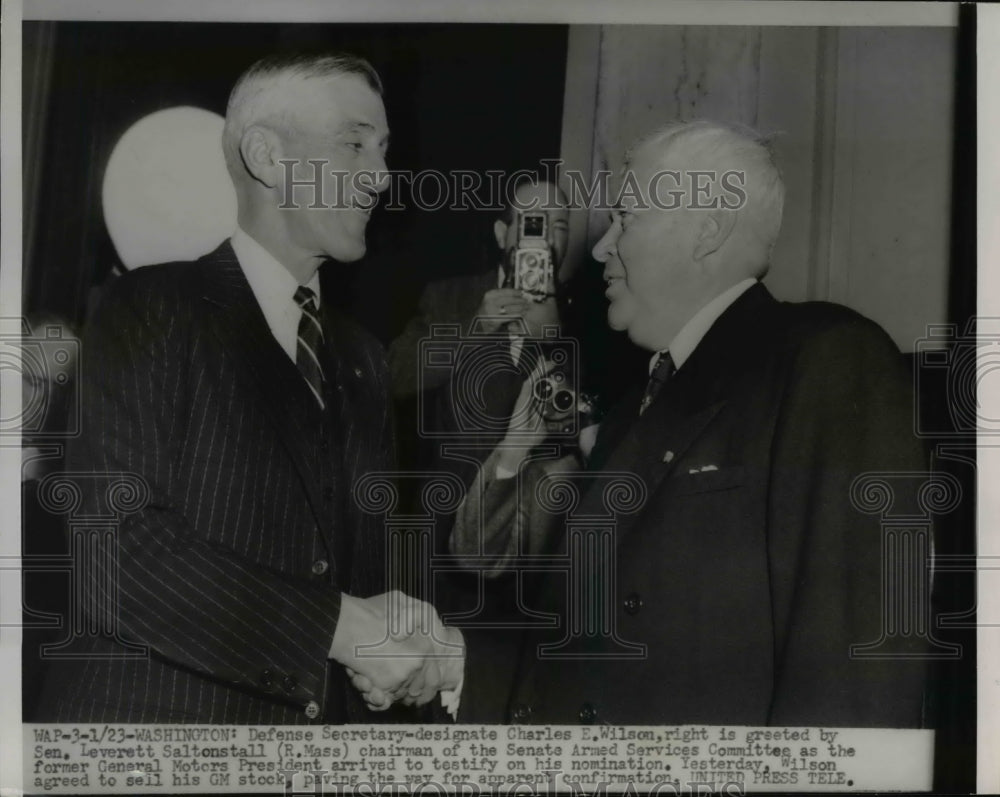 1953 Press Photo Wash DC Defense Secy Charles Wilson, Sen Leverett Saltonstall