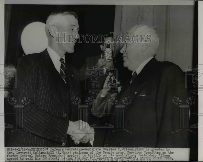 Load image into Gallery viewer, 1953 Press Photo Wash DC Defense Secy Charles Wilson, Sen Leverett Saltonstall
