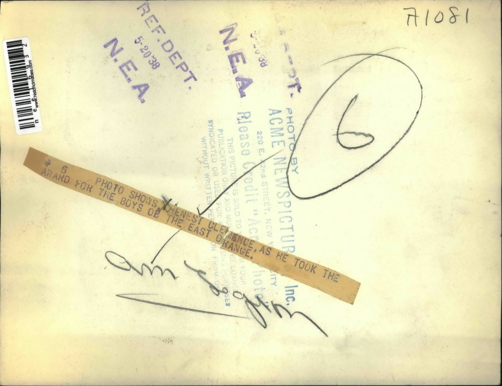 1938 Press Photo Clemence receives the award for the boys of the East Orange