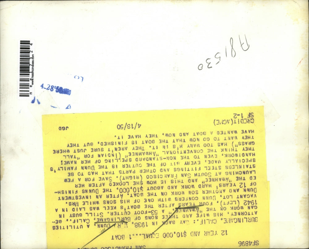 1950 Press Photo Burlingame Calif WH Dunn on yacht Awahner - nee17324