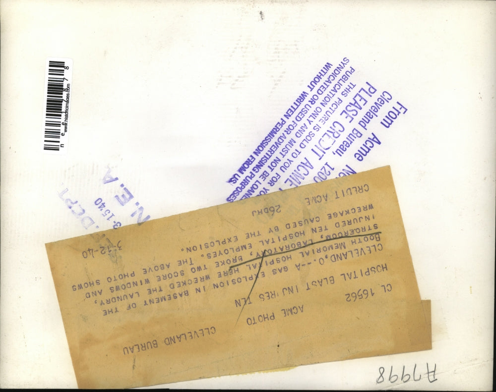 1940 Press Photo Gas Explosion Basement Of Booth Memorial Hospital - nee17878