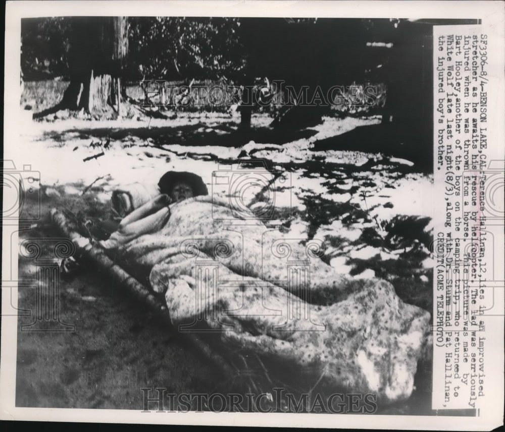 1949 Press Photo of Terrence Hallinan, on stretcher awaiting rescue. - nee18073