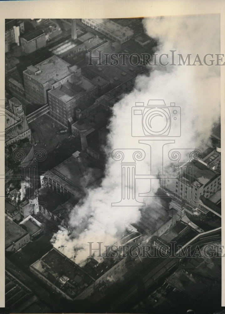 Load image into Gallery viewer, 1937 Press Photo Aerial View Swift &amp; Company On Fire Chicago Stock Yards
