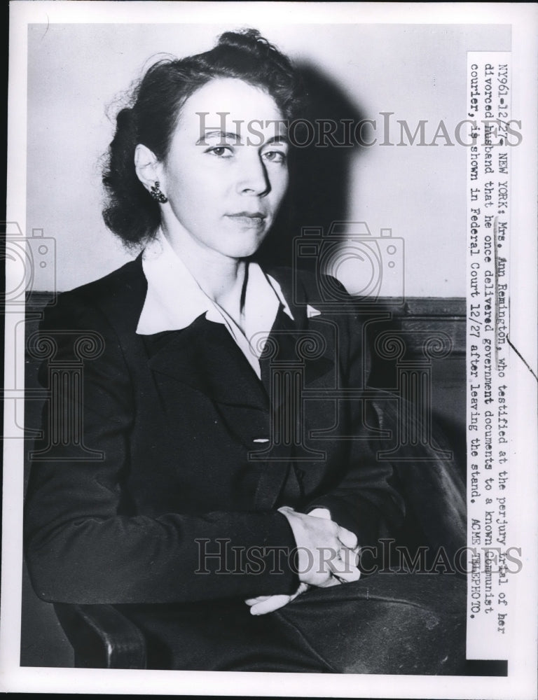 1951 Press Photo Ann Remington, Testifying at Perjury Trial of Ex Husband