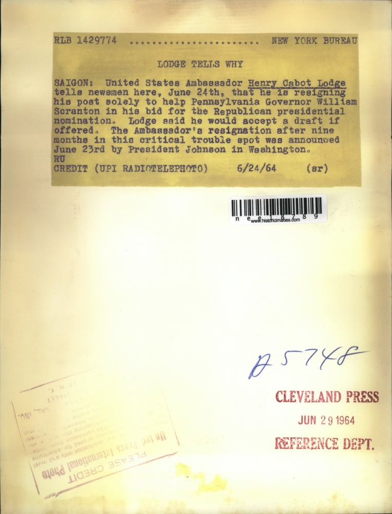 1964 Press Photo Henry Cabot Lodge US Ambassador to Vietnam Resigning Position