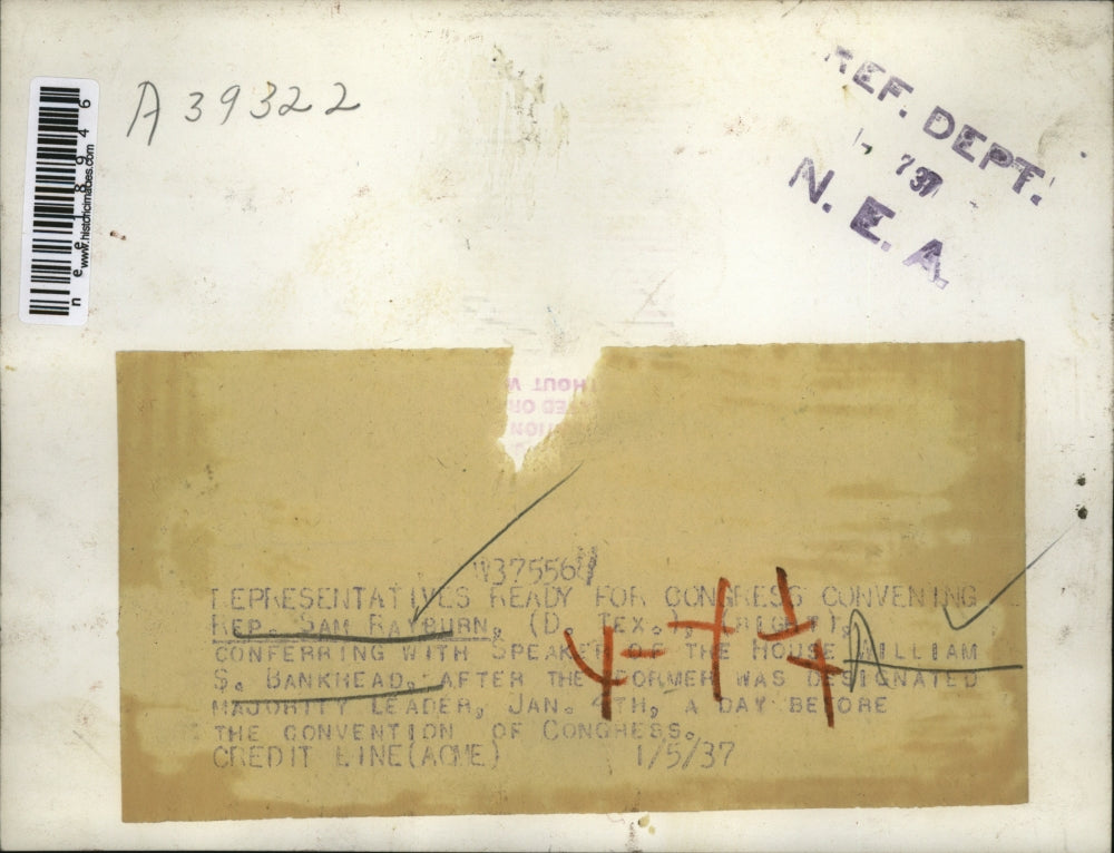 1937 Press Photo Majority Leader Sam Rayburn Speaker of House William S Bankhead