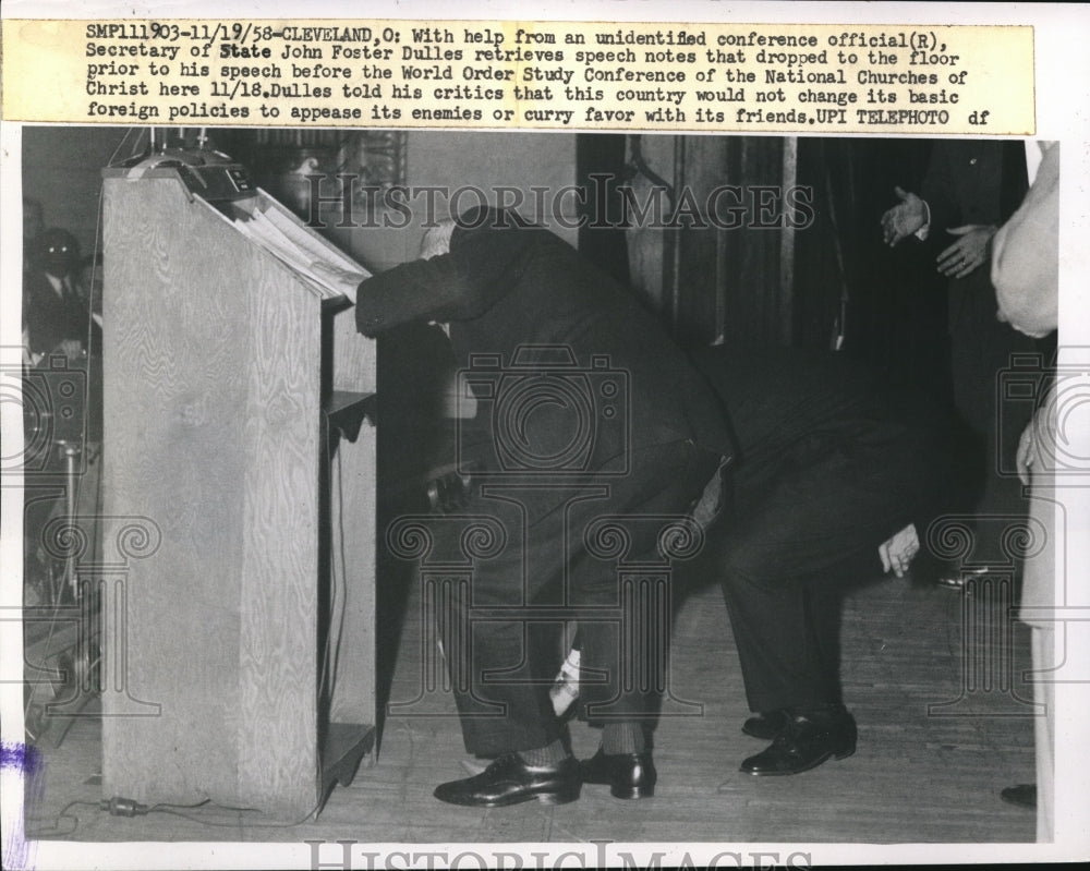 1958 Press Photo John Foster Dulles before World Order Study Conference