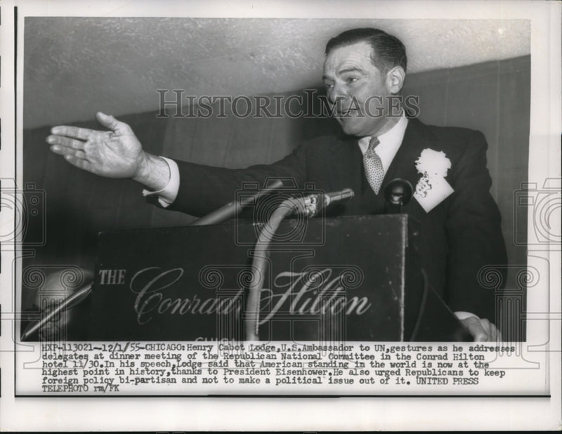 Load image into Gallery viewer, 1955 Press Photo Henry Cabot Lodge gestures as he addresses National Committee
