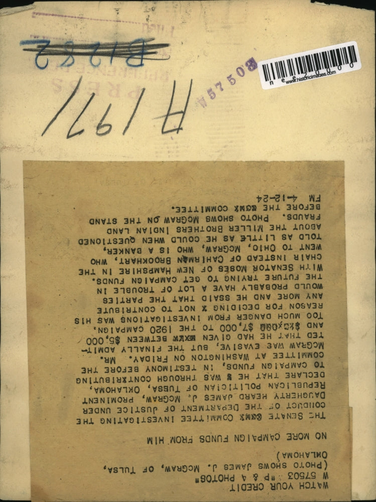 1924 Press Photo James J. McGraw, Oklahoma Republican - nee20000