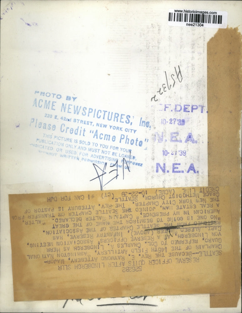 1939 Press Photo Reverend Raymond Attesery, major Chaplain of 146th artillery