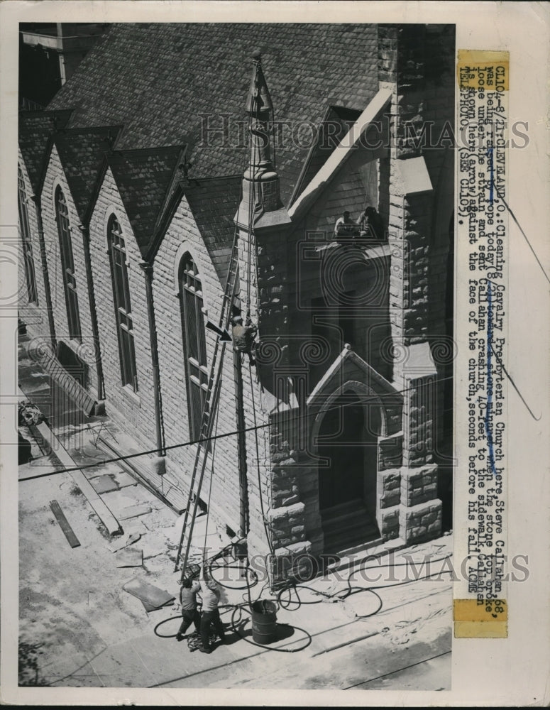 1952 Press Photo Steve Callahan falls cleaning Calvary Presbyterian Church