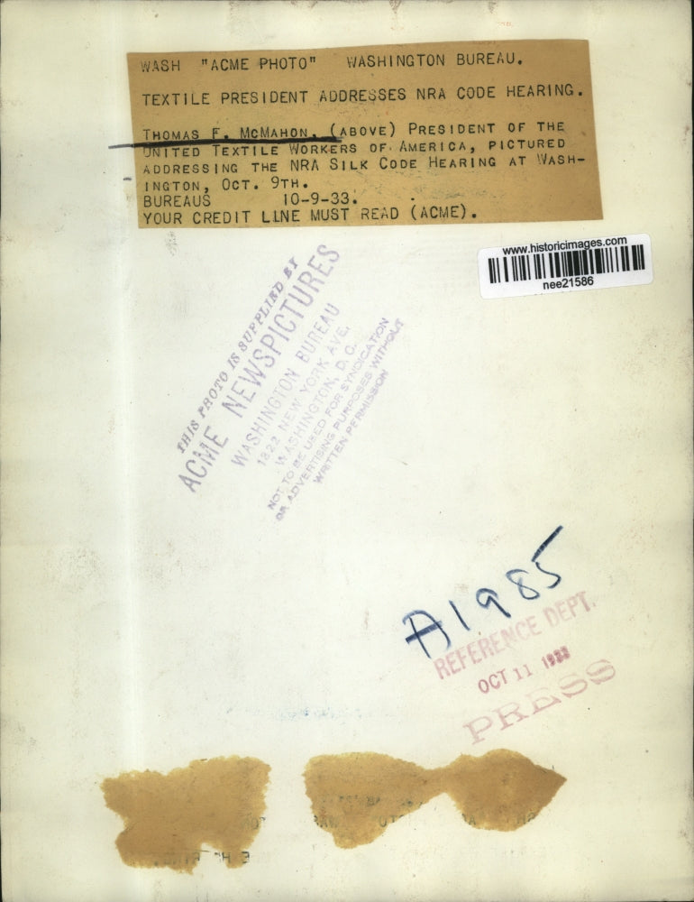 1933 Press Photo Thomas McMahon Pres of UTWOA Addresses NRA in Washington